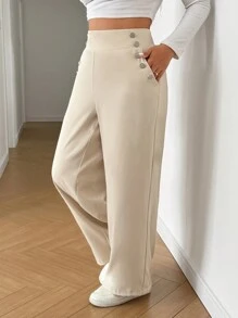 Flirla 大码女式高腰纽扣装饰口袋宽松休闲裤