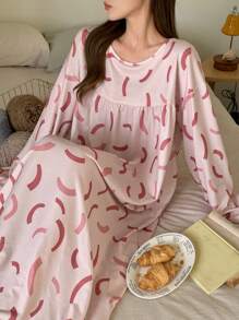 DAZY Women Geometric Pattern Ruched Loose Nightdress, Suitable For Autumn Pajama - Pink - View 3