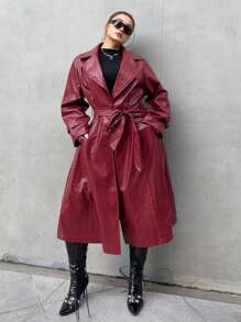 Flirla Plus Size Snake Emboss Pu Faux Leather Long Jacket, Deep Red Burgundy Color For Women - Burgundy - View 4