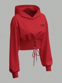 SHEIN EZwear Women's Long Sleeve Front Tie Minimalist Cinched Waist Hoodie Sweatshirt In Fall/Winter - Red - View 3