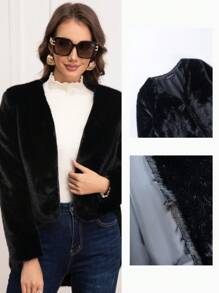 Eilly Bazar Women's Solid Color Long Sleeve Open Front Fluffy Casual Jacket, Winter - Black - View 1