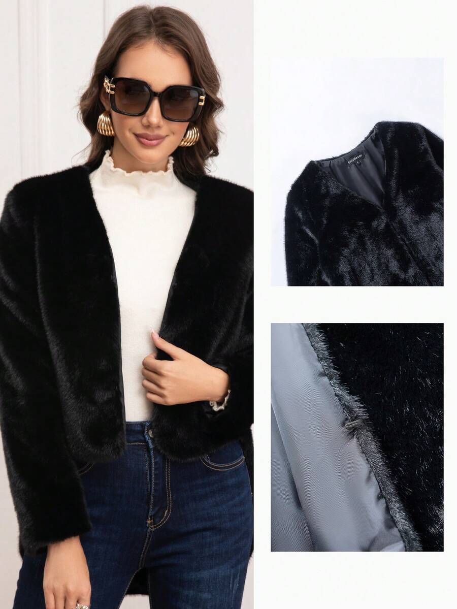 Eilly Bazar Women's Solid Color Long Sleeve Open Front Fluffy Casual Jacket, Winter - Black - View 1