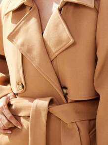 EMERY ROSE 1pc Women Lapel Collar Loose Cinched Waist Pocket Overcoat Fall Cloth For Women - Camel - View 7