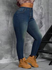 SHEIN CURVE+ Extra Plus Size Women Stretchable Casual Skinny Jeans Women Summer Outfits - Blue - View 4