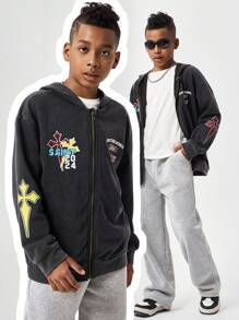 SHEIN Teenage Boys' Graphic Hooded Zip-Up Sweatshirt
