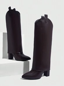 CUCCOO SZL Women's Brown Wide Leg & Chunky Heel Pointed Toe Mid-Calf Boots, Fit For Commuting, Dating, Party & Holidays For And Spring Shoes Spring Break Easter For Christmas - Chocolate Brown - View 4