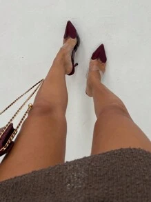 CUCCOO SZL 女士纯色尖头时尚百搭高跟鞋秋季勃艮第高跟鞋新年假期 - 酒紅色 - 查看 4