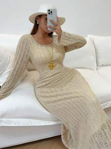 Flirla Fashion Versatile Elegant Lace Cover Up Long Sleeve With Spaghetti Strap Dress Set - Apricot - View 1