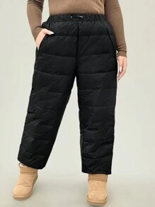 Flirla Pantalones casuales gruesos de unicolor con bolsillo, versátiles y a prueba de viento para el invierno, talla grande