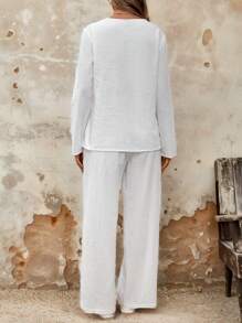 Rusticease 2 pièces Ensemble Top à manches longues et pantalon large décontracté ample, couleur unie, style automnal pour femmes - Blanc - Voir 2