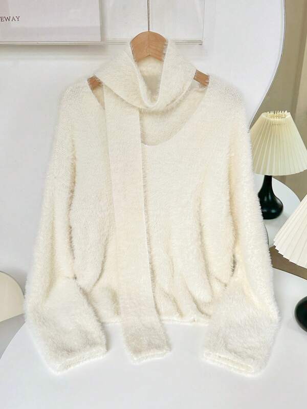 Chiquease 2 piezas Suéter de mujer con textura esponjosa y bufanda, suéter de punto para otoño e invierno