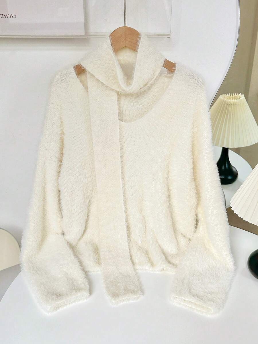 Chiquease 两件套女士毛绒套头毛衣配围巾，针织套头衫秋冬款 - 白色 - 查看 1