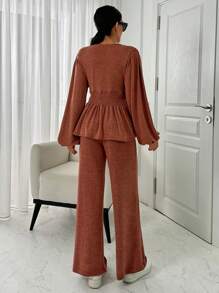 SHEIN Cottnline Anvelop Blouse And Wide Legs Pant Two Pieces Seta - Brown - View 2