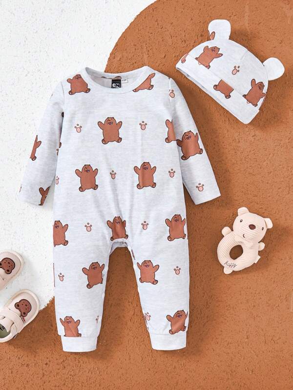 We Bare Bears X SHEIN 2pcs/Set Baby Boy Gray Cartoon Bear Graphic Jumpsuits And Hat,For Fall And Winter