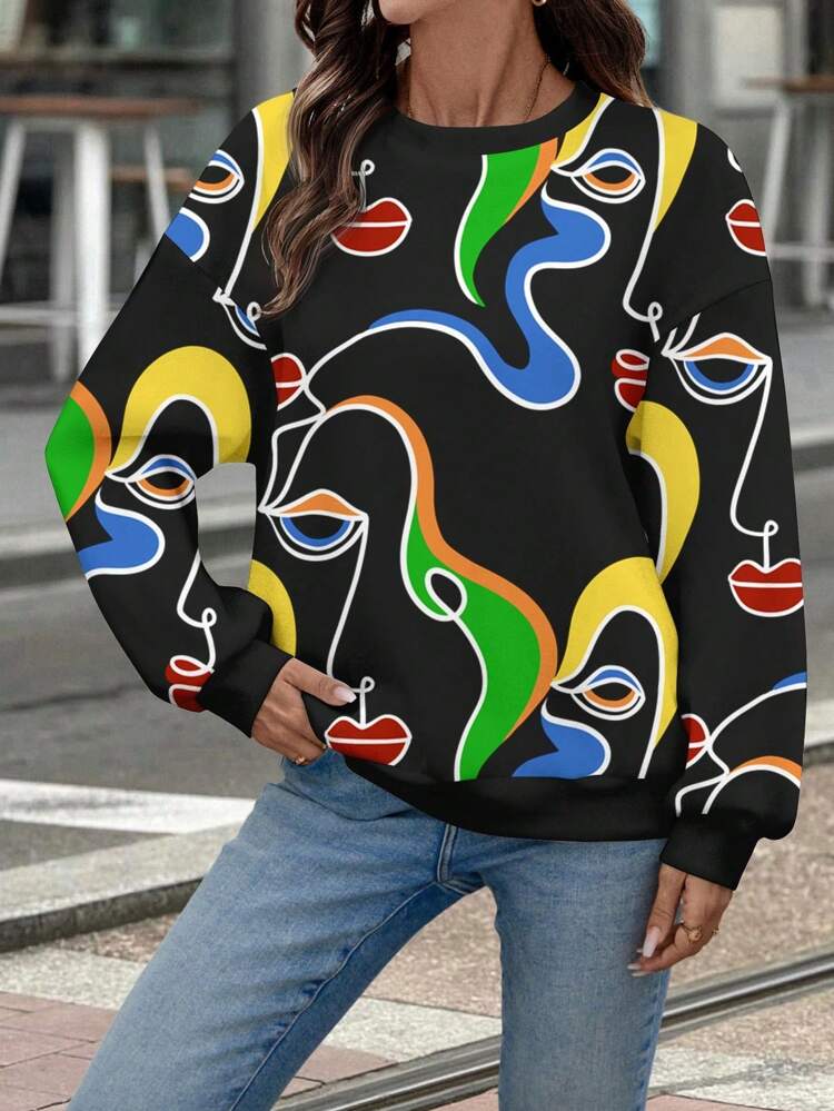 Casual Abstract Portrait Pattern Crew Neck Plus Size Women Sweatshirt, Autumn/Winter