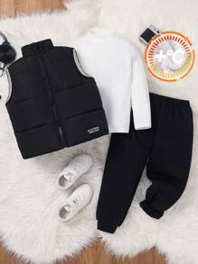 SHEIN 3 stuks/set jonge jongens dikke gebreide warme voering effen kleur ronde hals trui, thermisch gevoerde parka jas & casual broek, geschikt voor school, buiten, dagelijks dragen in de herfst & winter