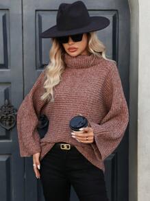 SHEIN LUNE Áo len nữ cổ cao tay dài kiểu dáng tối giản, thích hợp mặc mùa thu đông. - Màu Khaki - Xem 1