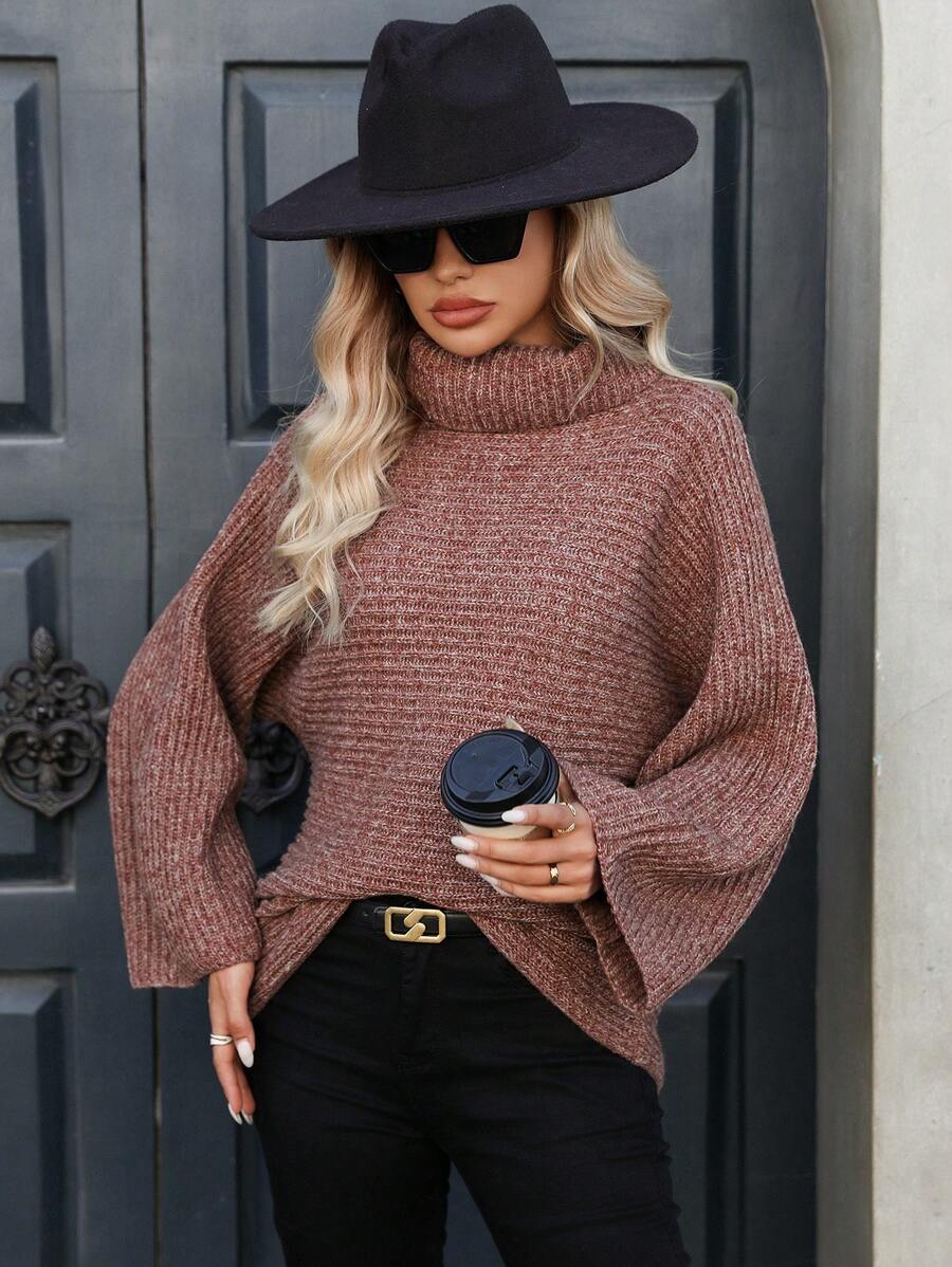 SHEIN LUNE Áo len nữ cổ cao tay dài kiểu dáng tối giản, thích hợp mặc mùa thu đông. - Màu Khaki - Xem 1