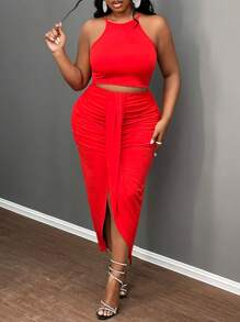 Slaydiva Plus Size Retro Women's Vacation & Elegant & Casual Fitted Solid Color Green Sleeveless Camisole Top And Asymmetrical Hem Skirt 2 Pieces Set With Pattern Decor, Spring/Summer - Red - View 5