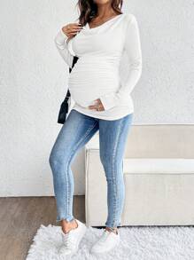 SHEIN Maternity Solid Color Cowl Neck Long Sleeve Ruched Slim Fit Casual T-Shirt Fall - White - View 5