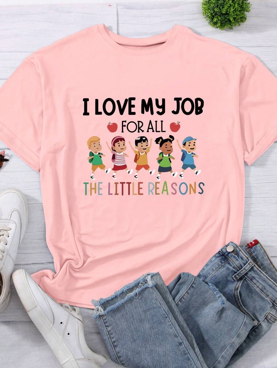 INAWLY Women "I Love My Job For All The Reasons" Graphic Print Casual Short Sleeve Round Neck T-Shirt, Suitable For Teachers Day Graphic Tees Women Tops