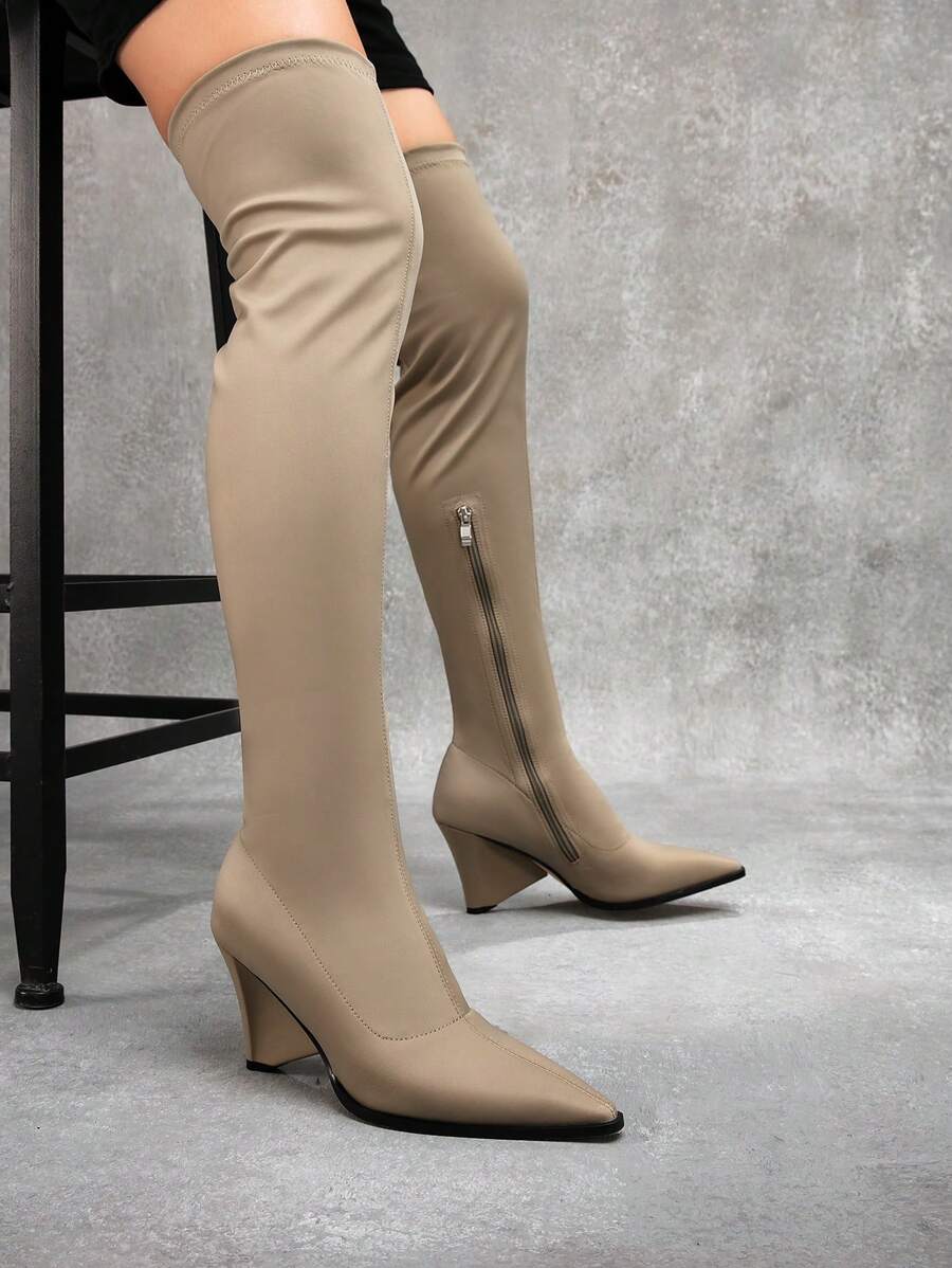 CUCCOO SZL Botas altas de fiesta/escenario de diseño hollow-out, sexy y elegante, con tacón ancho de puntera afilada