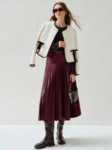 Enchnt Elegant Burgundy PU Pleated Skirt,Autumn Winter Women's Clothing, Frenchy Casual Workwear,Dining,Halloween & Christmas Party New Years Skirt - Burgundy - View 6