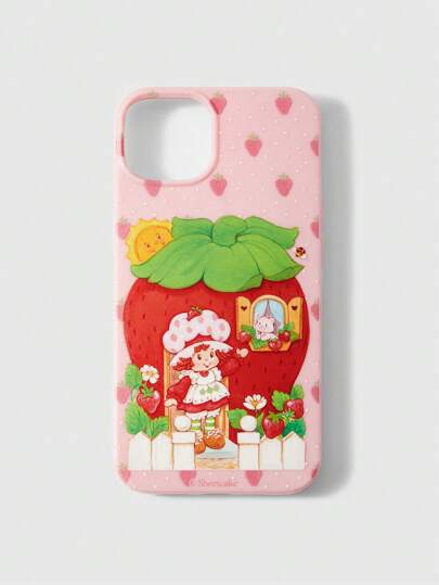 1 pièce Étui de téléphone rose avec un motif mignon de fraise et de figurine