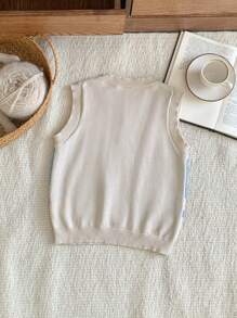 Blossori Young Girl Heart & Letter Graphic V-Neck Casual Oversized Knitted Sweater Vest, Autumn/Winter - Apricot - View 2