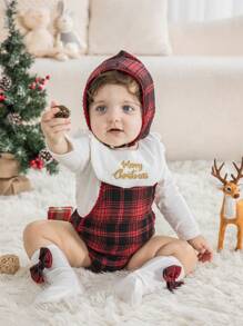 SHEIN Set di 5 pezzi di abbigliamento per neonata: cappellino ricamato, bavaglio, calze con fiocco, blusa con volant, tutina a quadri, caldo e confortevole per l' autunno e l' inverno all' aperto