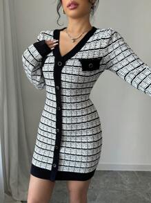 Chiquease 法式 V 领条纹长袖修身女式常规针织连衣裙，百搭秋冬季 - 黑與白 - 查看 5