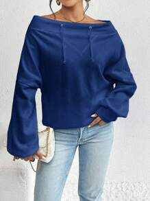 SHEIN Privé Của phụ nữ Màu thuần Một  vai Thiết kế Dây rút Tay áo dài Áo nỉ - Màu xanh lam - Xem 5