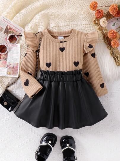 Elladie kids 2pcs Baby Girls Autumn Long Sleeve Round Neck Fluttered Sleeve Heart Print Top And Solid Black Skirt Set, Vintage Style Casual Outfit