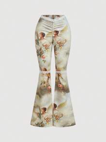 SHEIN MOD Women's Waist Lace Ruffle Human Figure Print Flared Fashion Jeans - Multicolor - View 1