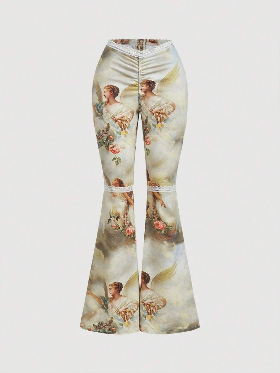 SHEIN MOD Women's Waist Lace Ruffle Human Figure Print Flared Fashion Jeans - Multicolor - View 1