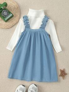 1 件年轻女孩牛仔连衣裙，新款休闲时尚刺绣水洗柔软牛仔连衣裙，适合春夏秋冬 - 中等水洗藍 - 查看 2