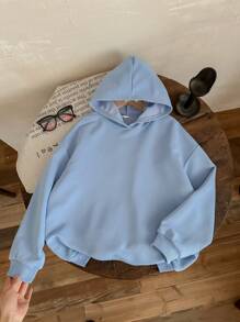 SHEIN Tween Girls Smiling Face Print Knit Round Neck Loose Casual Sweatshirt - Baby Blue - View 3