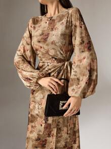 Modelyn Women's Round Neck Long Sleeve Allover Print Fitted Dress