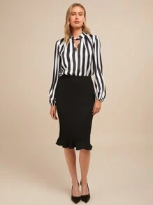 SHEIN Clasi 2pcs Set: Striped Cutout Waist Bodycon Ruffle Hem Skirt For Women - Multicolor - View 4