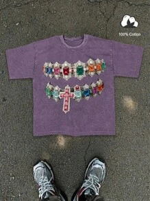 Manfinity EMRG Áo thun nam cổ tròn tay ngắn in hình thánh giá và đá quý - Màu tím - Xem 1