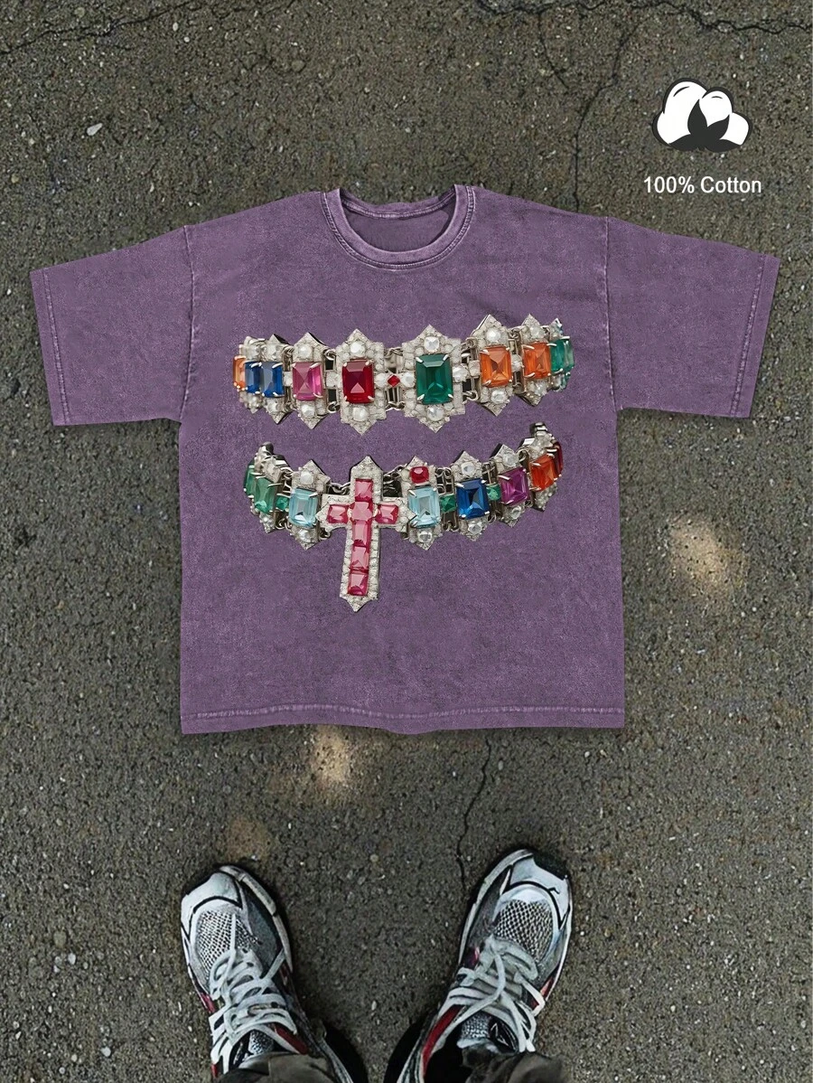 Manfinity EMRG Áo thun nam cổ tròn tay ngắn in hình thánh giá và đá quý - Màu tím - Xem 1