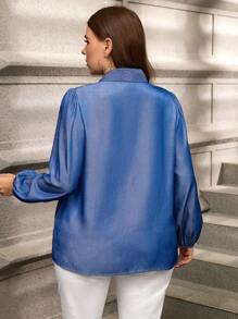 SHEIN Clasi Plus Size Women Office Lady Denim Blue Ribbon Collar Loose Blouse, Autumn