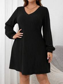 SHEIN Clasi Vestido corto de mujer de talla grande color rojo oscuro con costillas anchas