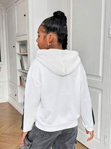 Sudadera con capucha holgada de hombros caídos con estampado empalmado para niñas preadolescentes