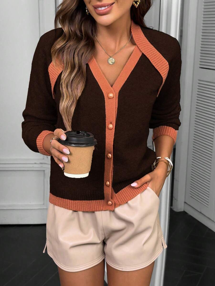SHEIN LUNE 1pc Women's Contrast Color Trim Front Button Casual Cardigan, Versatile Long Sleeve - Coffee Brown - View 1