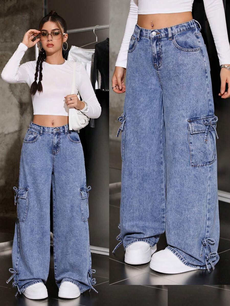 SHEIN 少女 Y2K 休闲仿旧蓝色撞色蝴蝶结喇叭腿牛仔裤