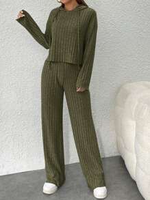 SHEIN PETITE 2pcs/Set Women Casual Solid Color Drawstring Hooded Sweatshirt And Pants Suit, Autumn/Winter - Army Green - View 5