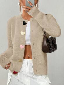 Flirla Women Casual Colorful Heart Buttons Front Cardigan, Suitable For Autumn And Winter Fall Cloth For Women - Apricot - View 3