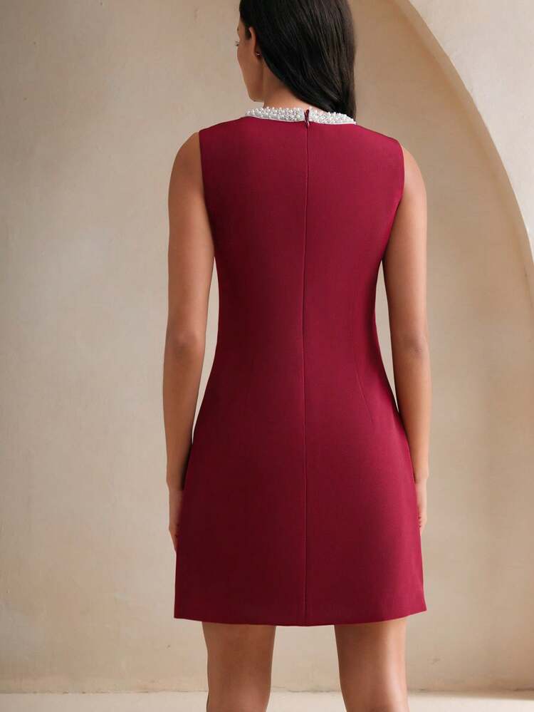 French Romantic Elegant Christmas Embellished Beaded Sleeveless Red Dress Burgundy Color Women Outfit