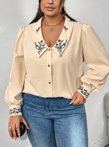 SHEIN CURVE+ Blusa de manga larga con detalles de bordado, estilo burbuja, para vacaciones, talla grande